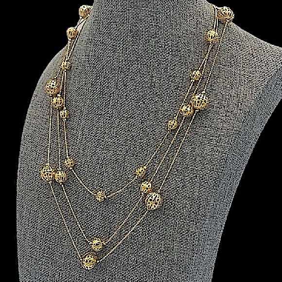 18” Avon Gold Toned Necklace Filigree Gold Bead Satellite Triple Strand NR stamp - Picture 1 of 6